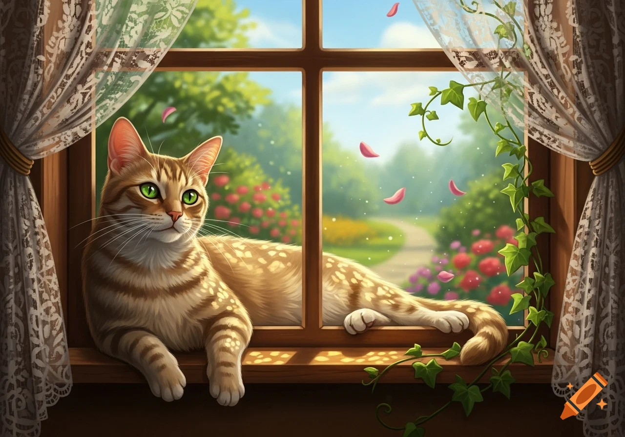 A photorealistic striped cat with green eyes lies on a sunlit windowsill, looking out at a vibrant garden.