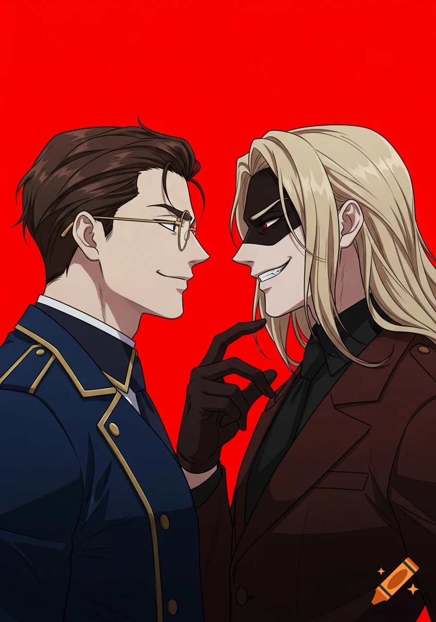 Two men in manhwa style; one in a military uniform and glasses, the other masked with long blonde hair, both smirking against a red background.