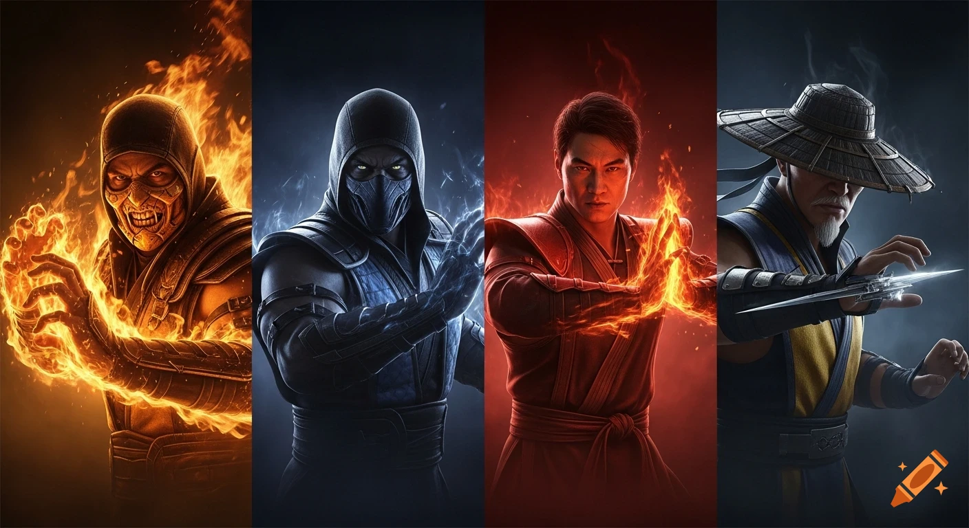 Scorpion, Noob Saibot, Liu Kang, and Kung Lao from Mortal Kombat glow with elemental energy in a dramatic cinematic style.