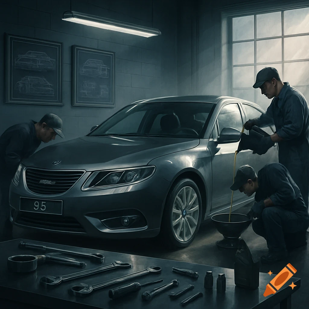 Three mechanics working on a grey Saab 9-5 car in a dimly lit garage, with tools laid out on a table in the foreground. One is pouring fluid, another collects it, and a third looks at the front of the car. Photorealistic style.