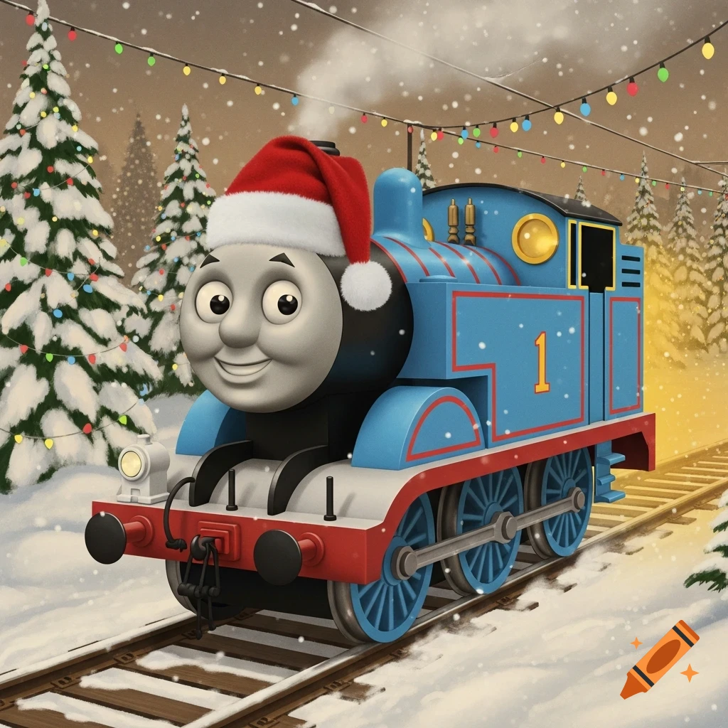 Cartoon illustration of Thomas the Tank Engine smiling in a Santa hat, in a snowy Christmas landscape with decorated trees and string lights.