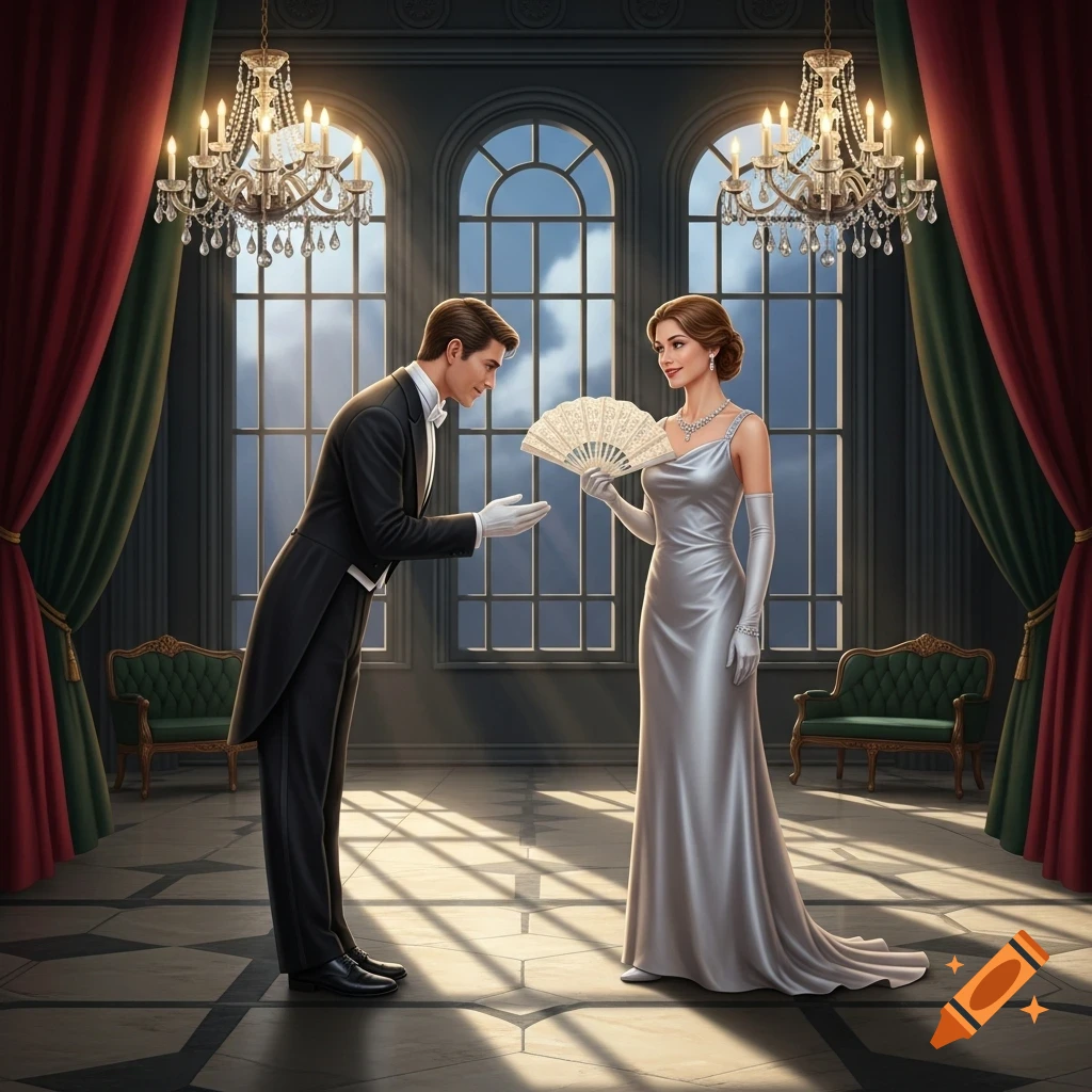 A man in a tuxedo bows to a woman in a silver gown holding a fan, in a grand room with chandeliers and large windows.