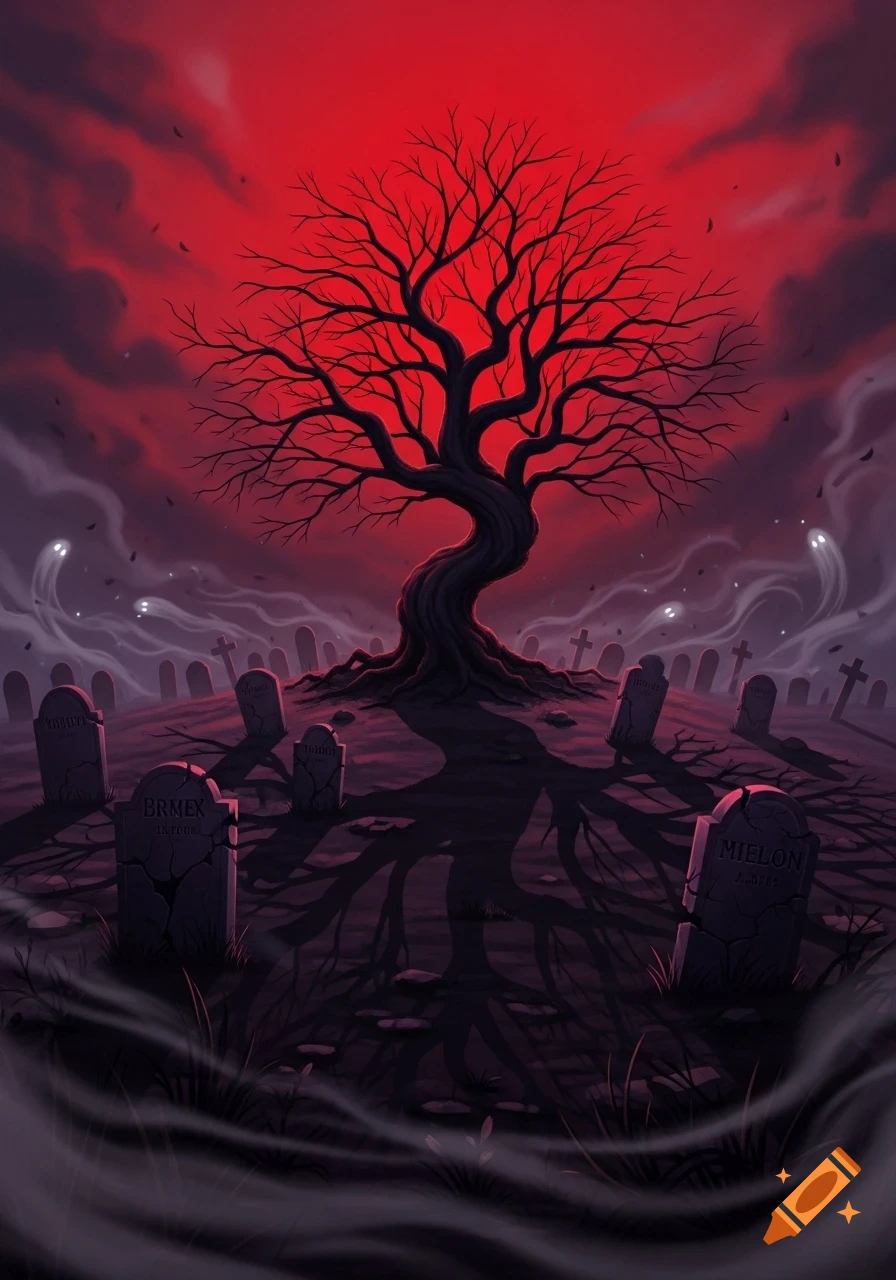 A gothic graveyard with a gnarled, bare tree against a blood-red sky, swirling mist, and faint ghost figures, in an illustration style.
