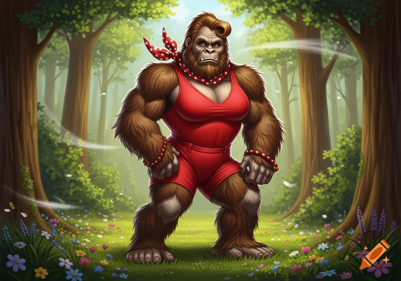 A muscular, female Bigfoot in a red swimsuit and polka-dot bandana stands in a vibrant cartoon forest full of colorful flowers.