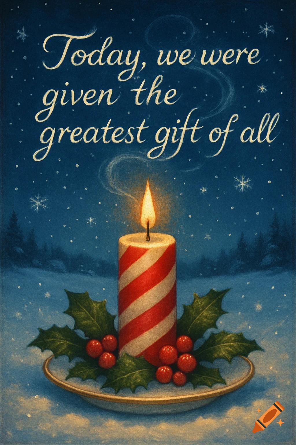 A vintage Christmas card features a red and white striped candle with holly and berries on a saucer, set against a snowy night sky with text.