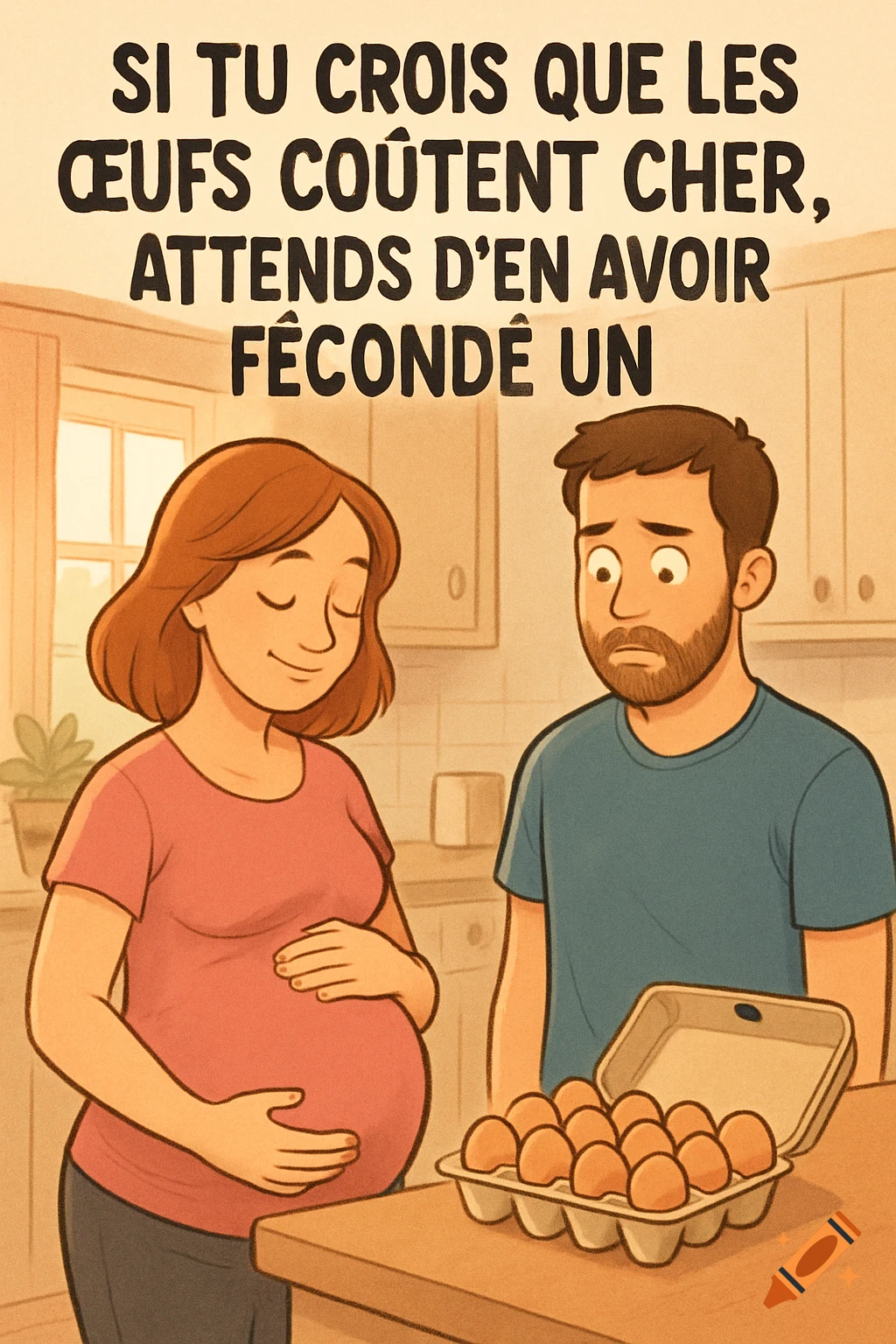 Cartoon of a pregnant woman smiling and a man looking dismayed at a carton of eggs in a kitchen. Text says: If you think eggs are expensive, wait until you fertilize one.