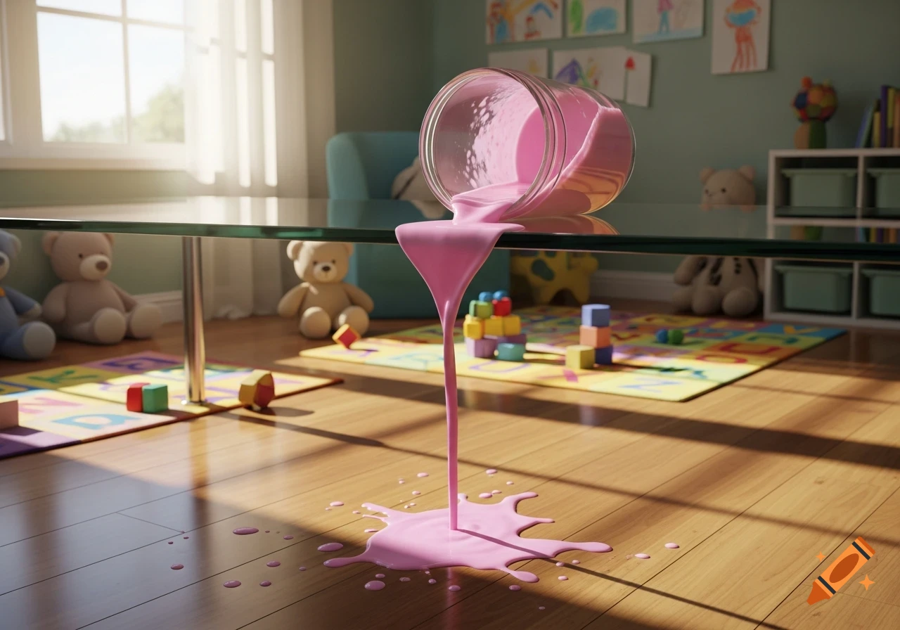 Photorealistic image of pink liquid spilling from an overturned jar onto a glass table and wooden floor in a sunny child's room with toys.