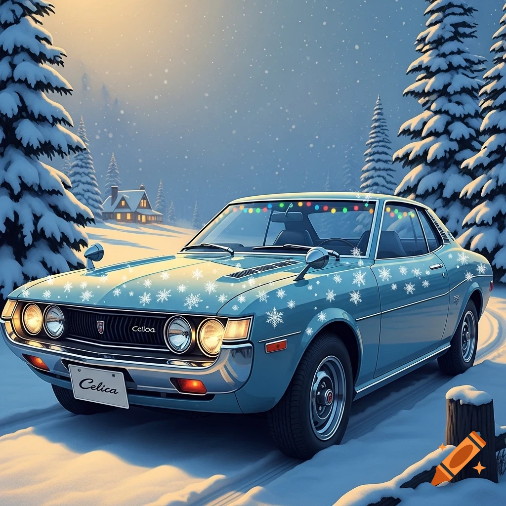 A blue 1974 Toyota Celica, decorated with snowflakes and Christmas lights, drives on a snowy road with fir trees and a distant cabin, in a digital art style.