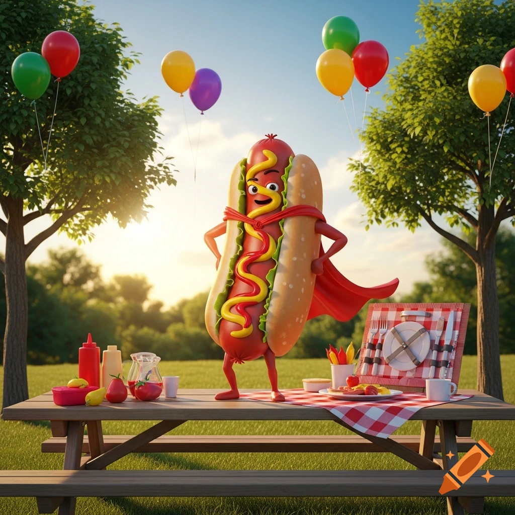 A cheerful, anthropomorphic hot dog character with a bun 'cape' stands on a picnic table in a sunny park filled with trees and colorful balloons.