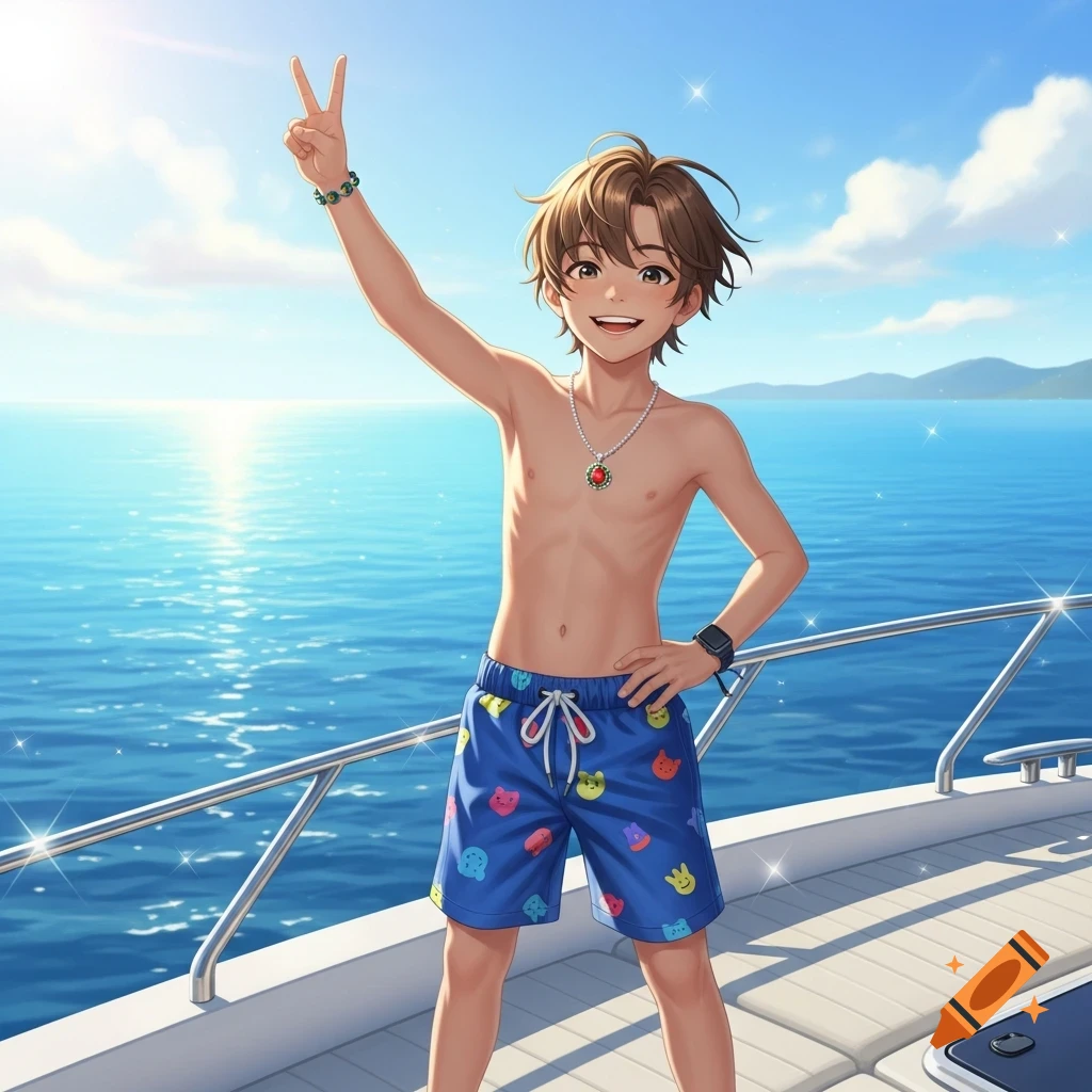 Anime illustration of a smiling boy in swim trunks making a peace sign on a boat at sea on a sunny day.