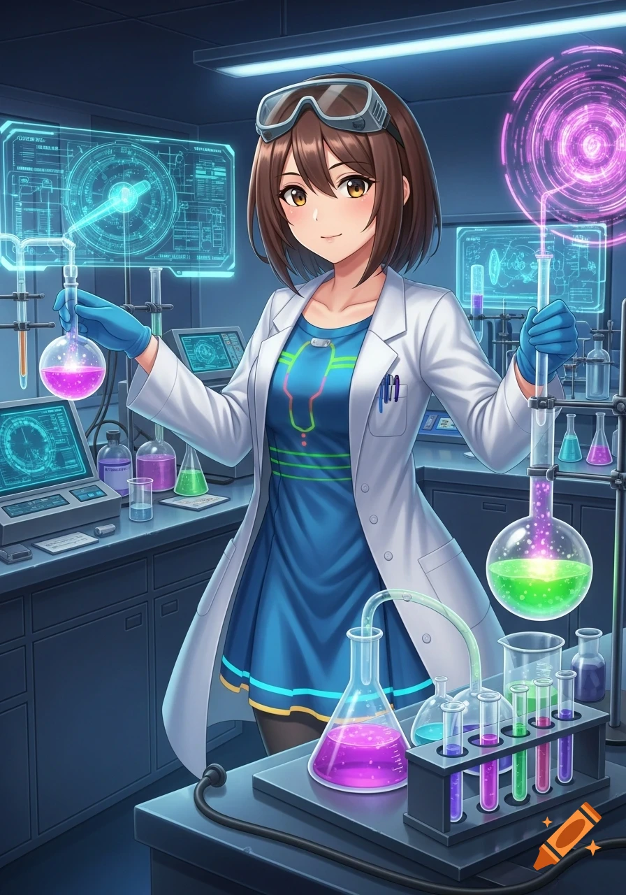 An anime scientist with brown hair and goggles smiles in a futuristic lab, holding beakers with glowing liquids.