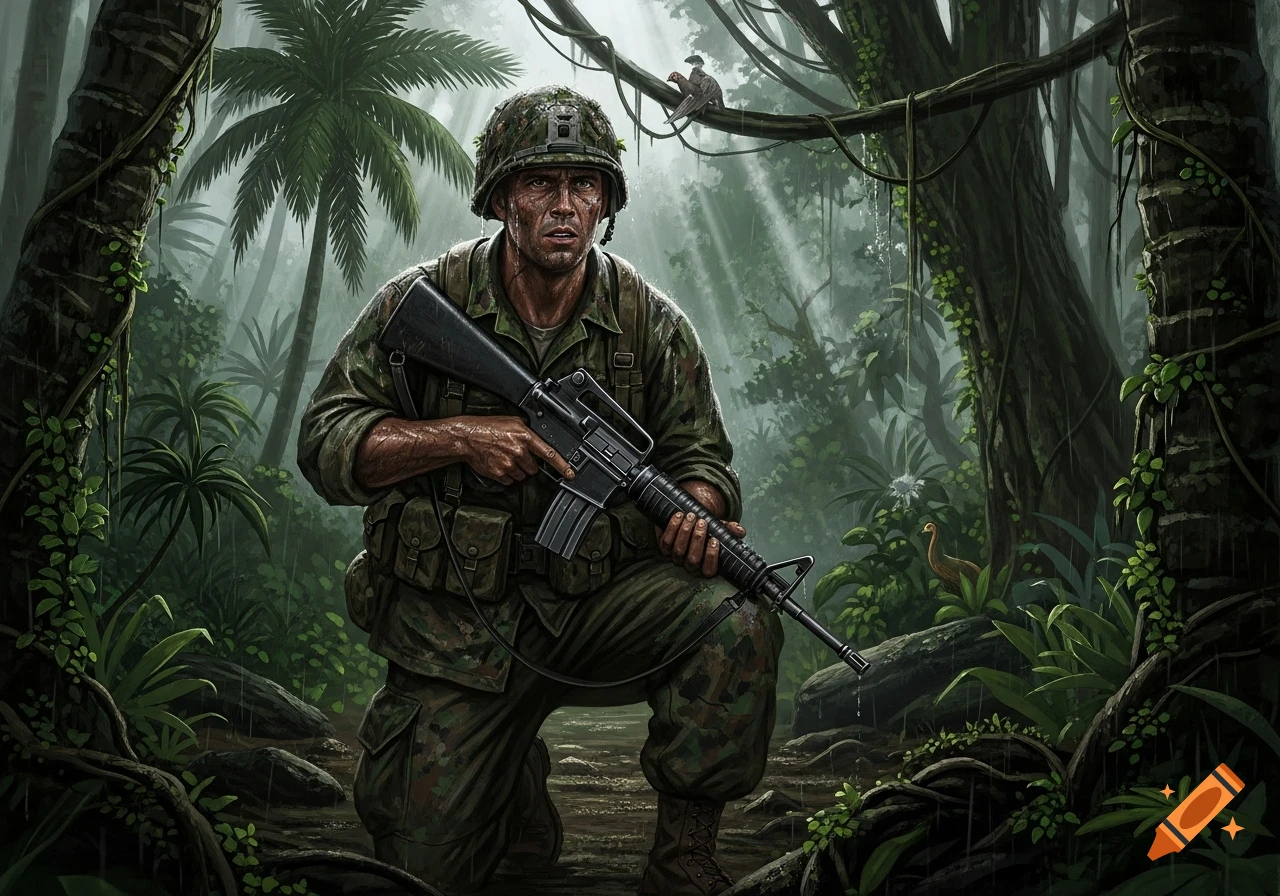 A kneeling American soldier in camouflage holds a rifle in a dark, rainy jungle.