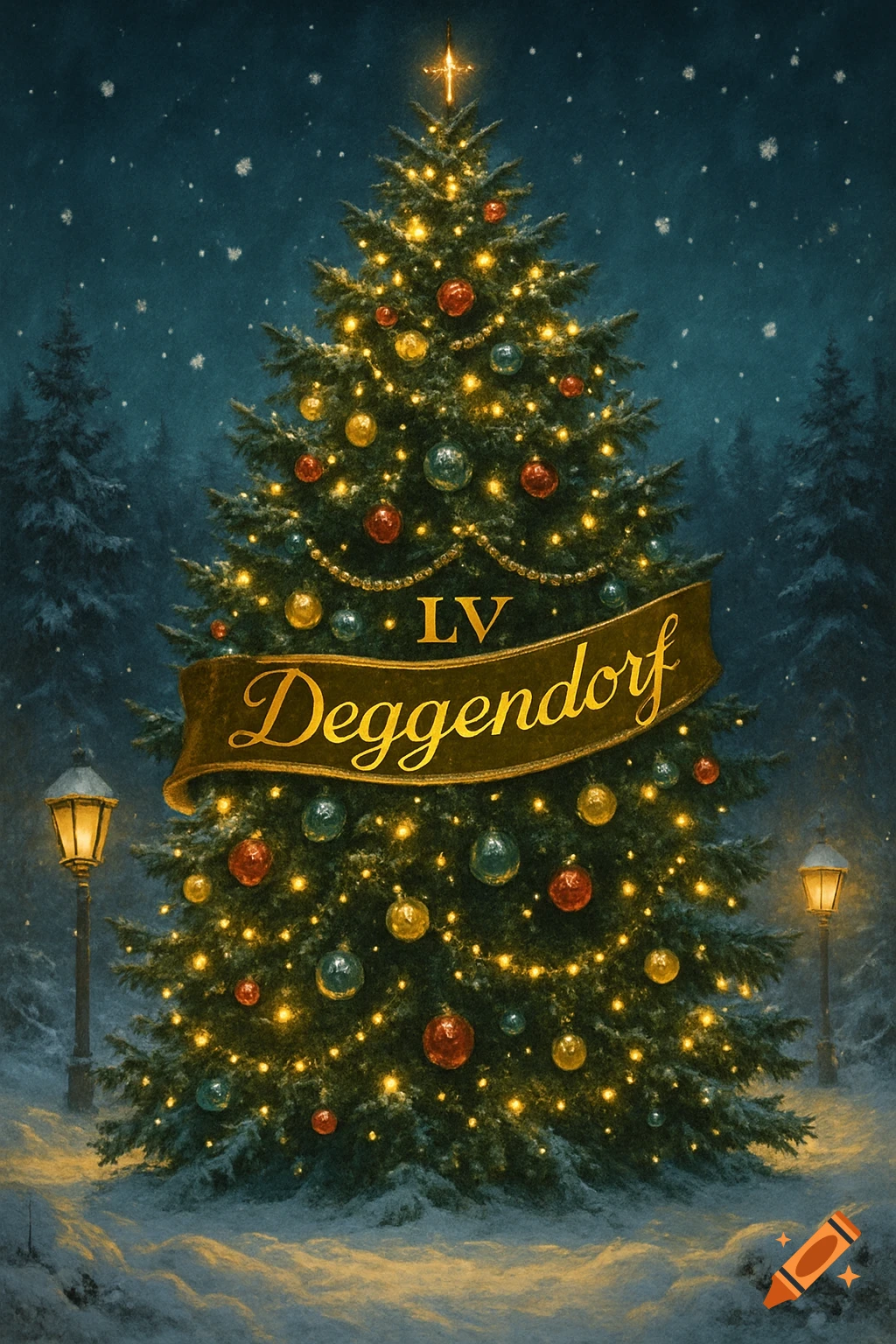 A decorated Christmas tree with lights and ornaments, a banner reading 'LV Deggendorf', in a snowy forest at night.