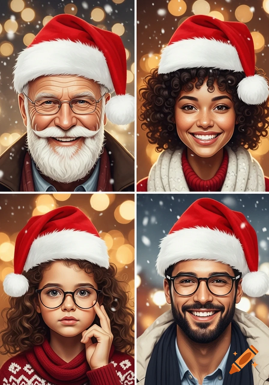 A 4-panel collage with diverse people, including an elderly man, woman, girl, and man, smiling in Santa hats with a snowy, bokeh background.