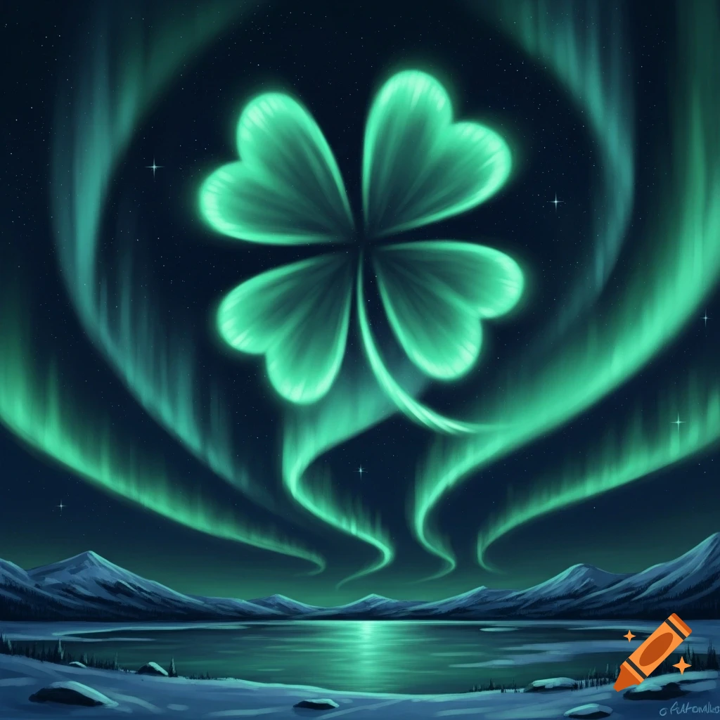 Vibrant green northern lights form a four-leaf clover in a starry night sky above a snowy mountain landscape and a reflective lake.