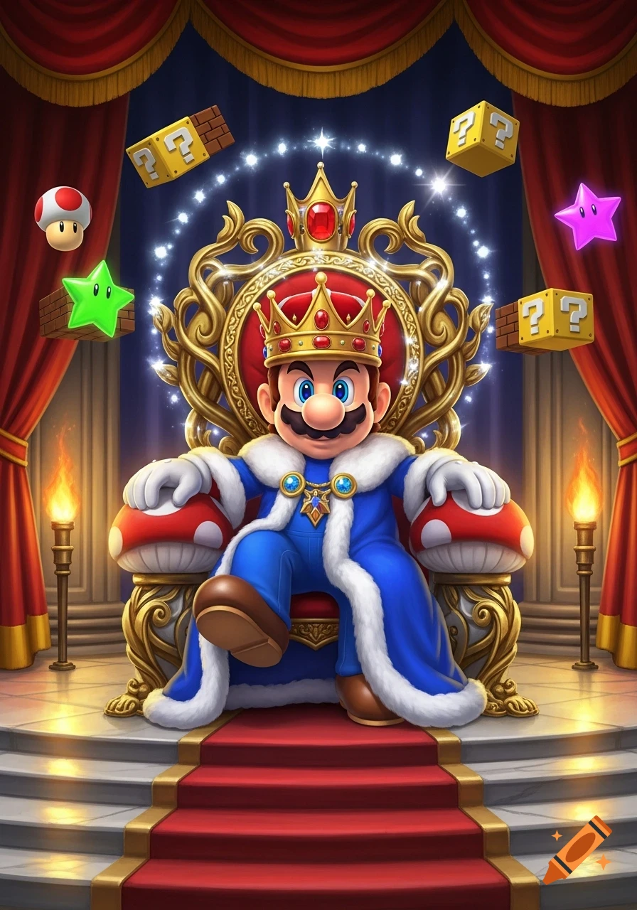 Mario as a king sits on a golden throne, wearing a blue and white fur-trimmed robe and a crown, surrounded by floating Super Mario power-ups.