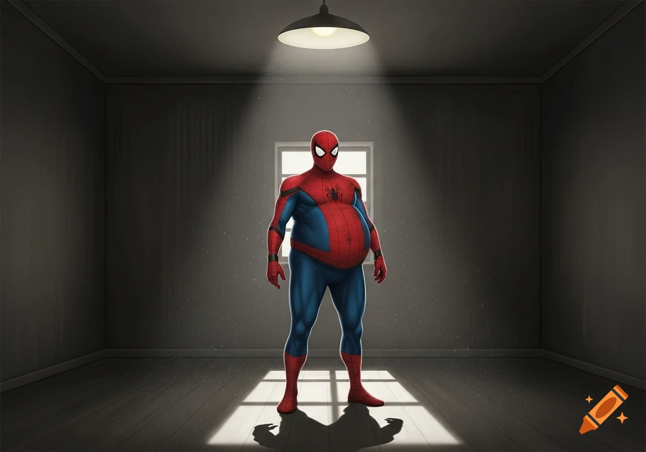 An overweight Spider-Man stands in a dimly lit, empty room, highlighted by a single overhead lamp and light from a window.