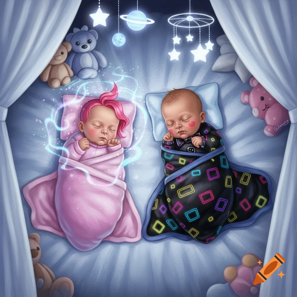 Two fantasy babies, one with pink hair and a glowing aura, the other in a neon-patterned blanket, sleep in a crib with celestial decor.