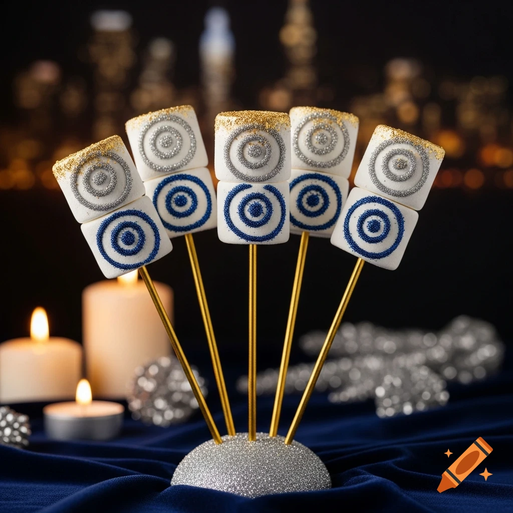 Photorealistic marshmallow wands with gold sticks, two per stick, adorned with silver, blue, and gold glitter, with festive candles and bokeh lights.