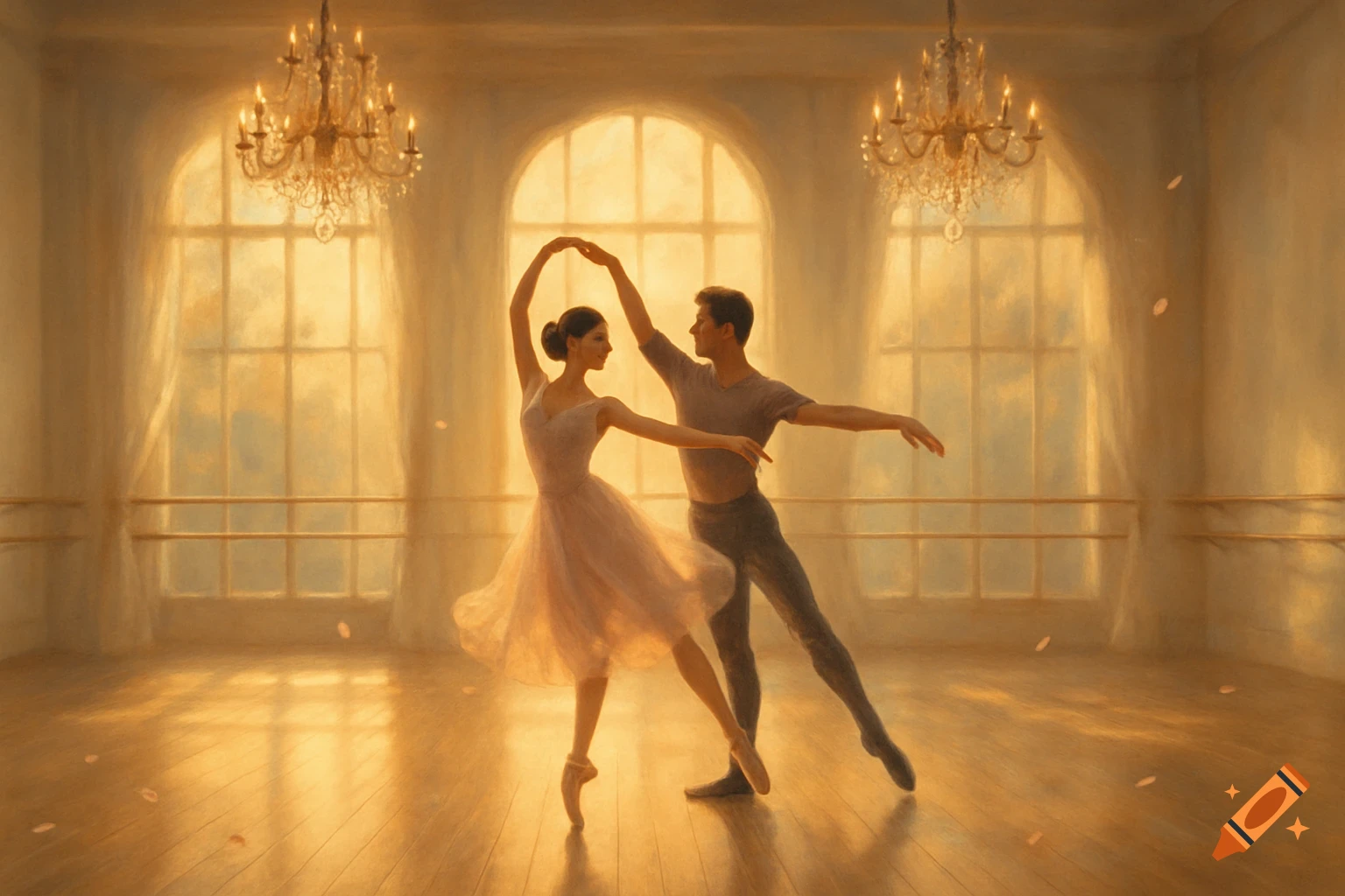 Two ballet dancers, a man and a woman, perform in a sunlit studio with large arched windows and chandeliers, in a painterly style.