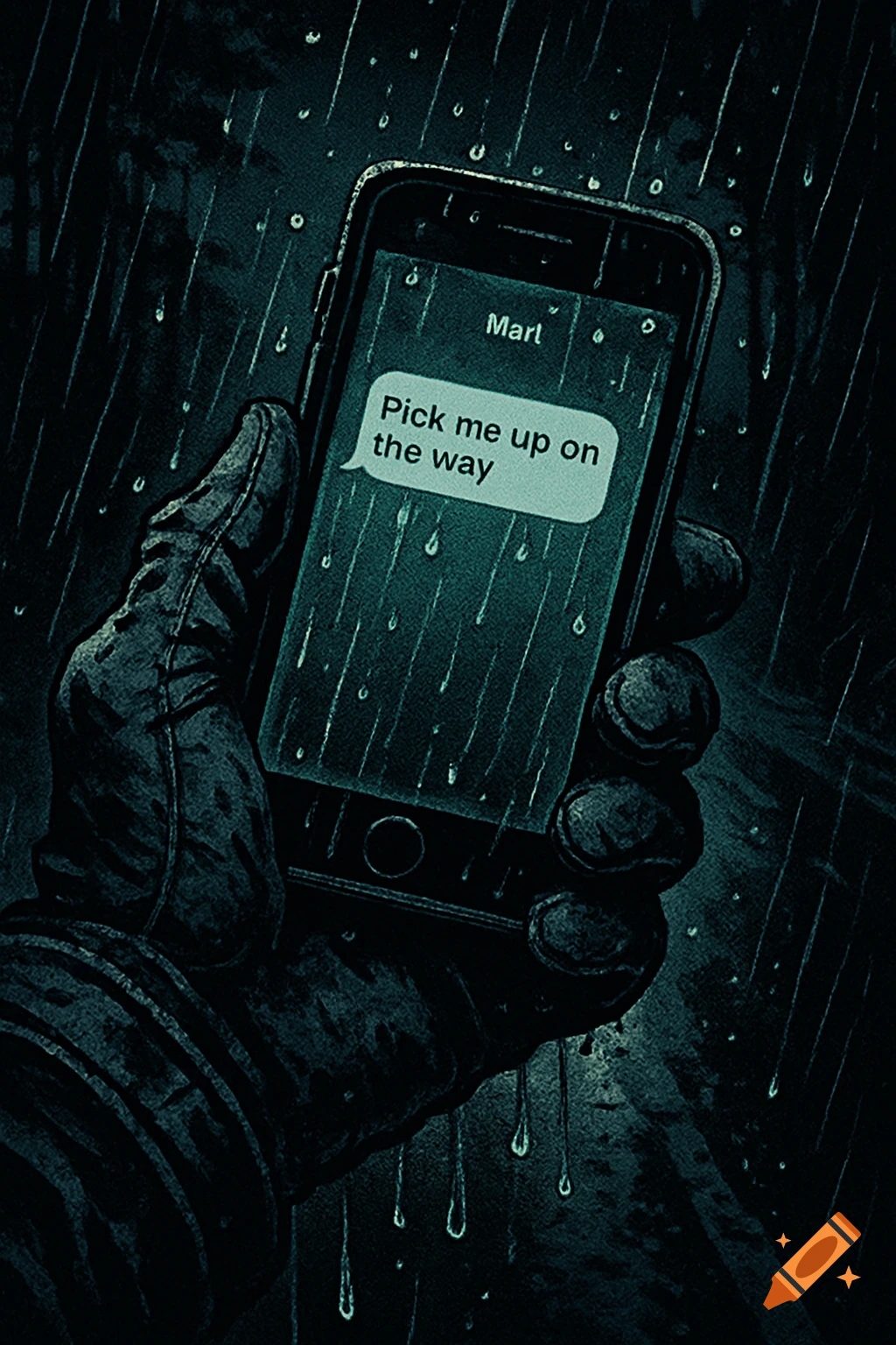 Extreme close-up of a gloved hand holding a smartphone in the rain, displaying a text message in a dark noir graphic novel style.