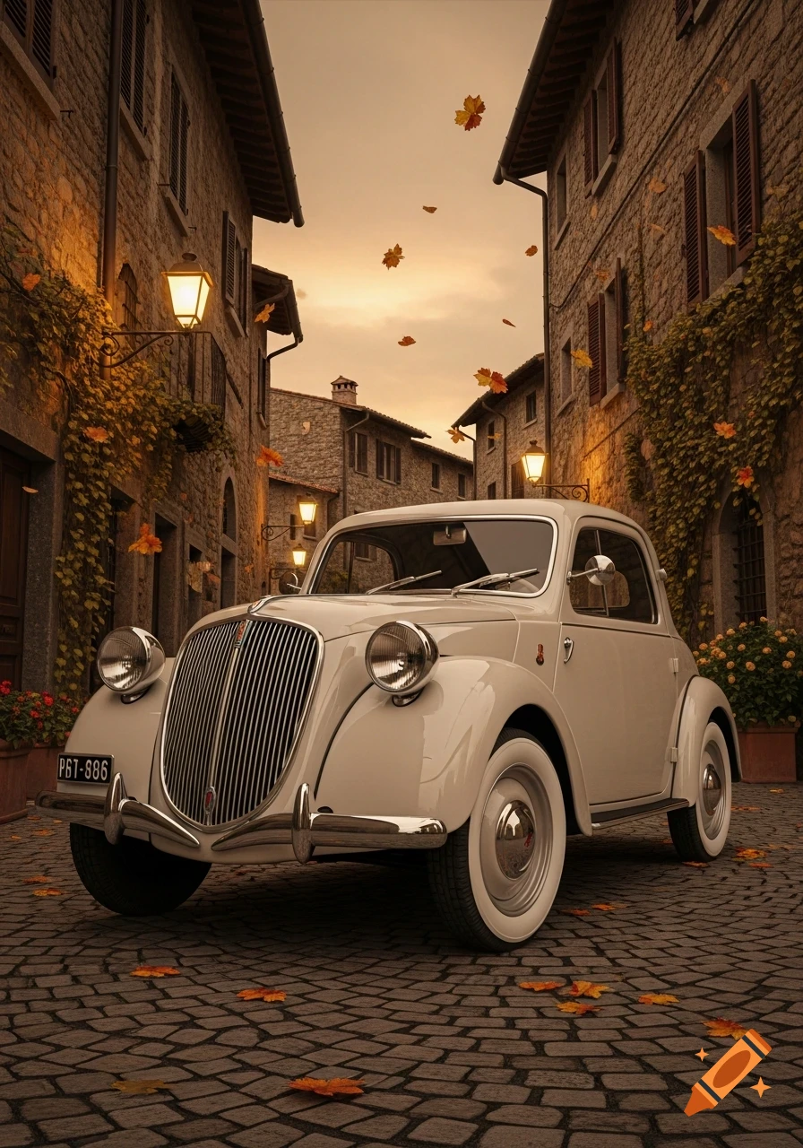 A vintage light-colored car parked on a cobblestone street in a European town, with autumn leaves falling and warm streetlights.
