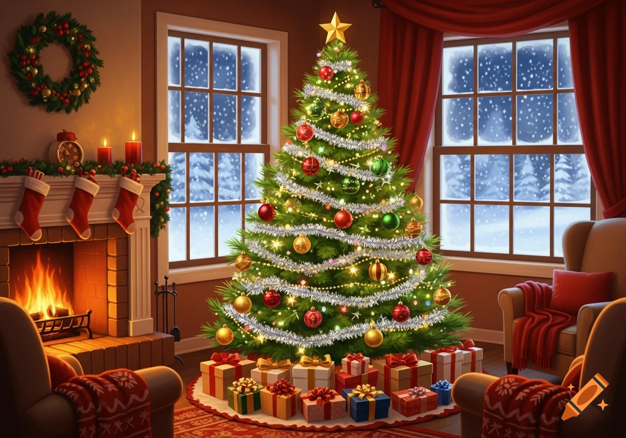 A cozy Christmas scene featuring a brightly lit tree, gifts, a fireplace with stockings, and snowy windows.