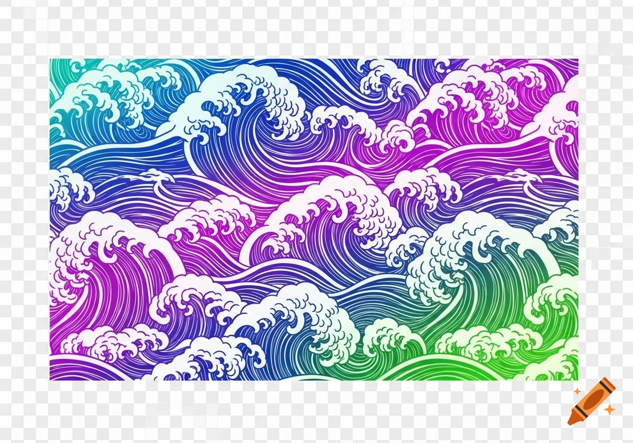 Abstract Japanese wave pattern with neon blue, purple, and green gradient colors on a transparent background.