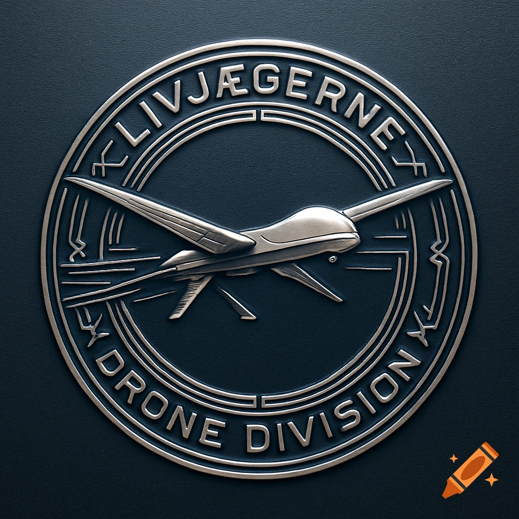 A metallic circular emblem featuring a drone and the text "LIVJ ÆGERNE DRONE DIVISION" on a dark background.