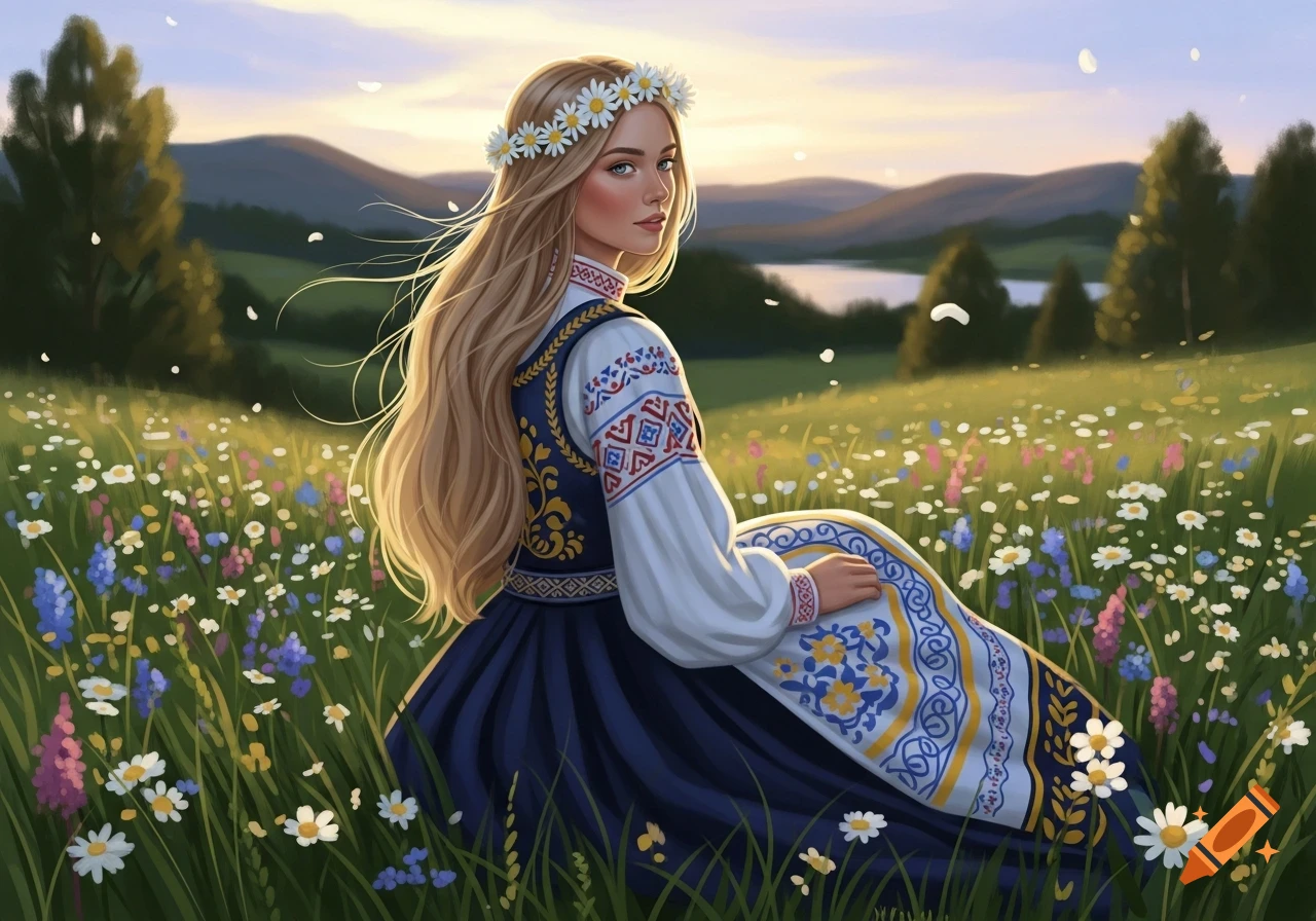 A woman with long blonde hair and a flower crown, wearing traditional folk clothing, sits in a field of wildflowers at sunset.