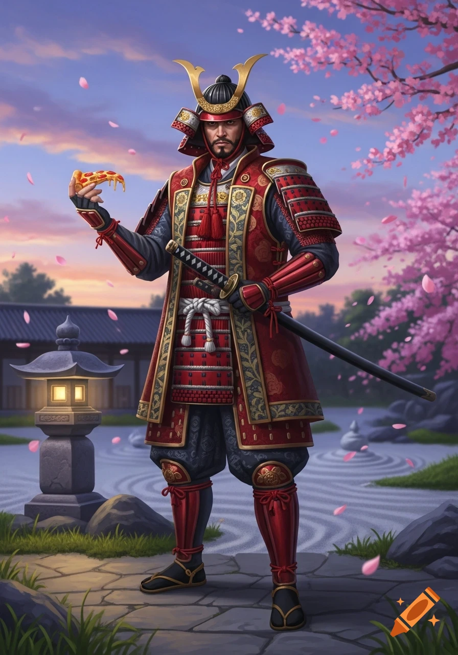 A samurai in detailed red armor stands in a Japanese garden with cherry blossoms, holding a slice of pepperoni pizza.