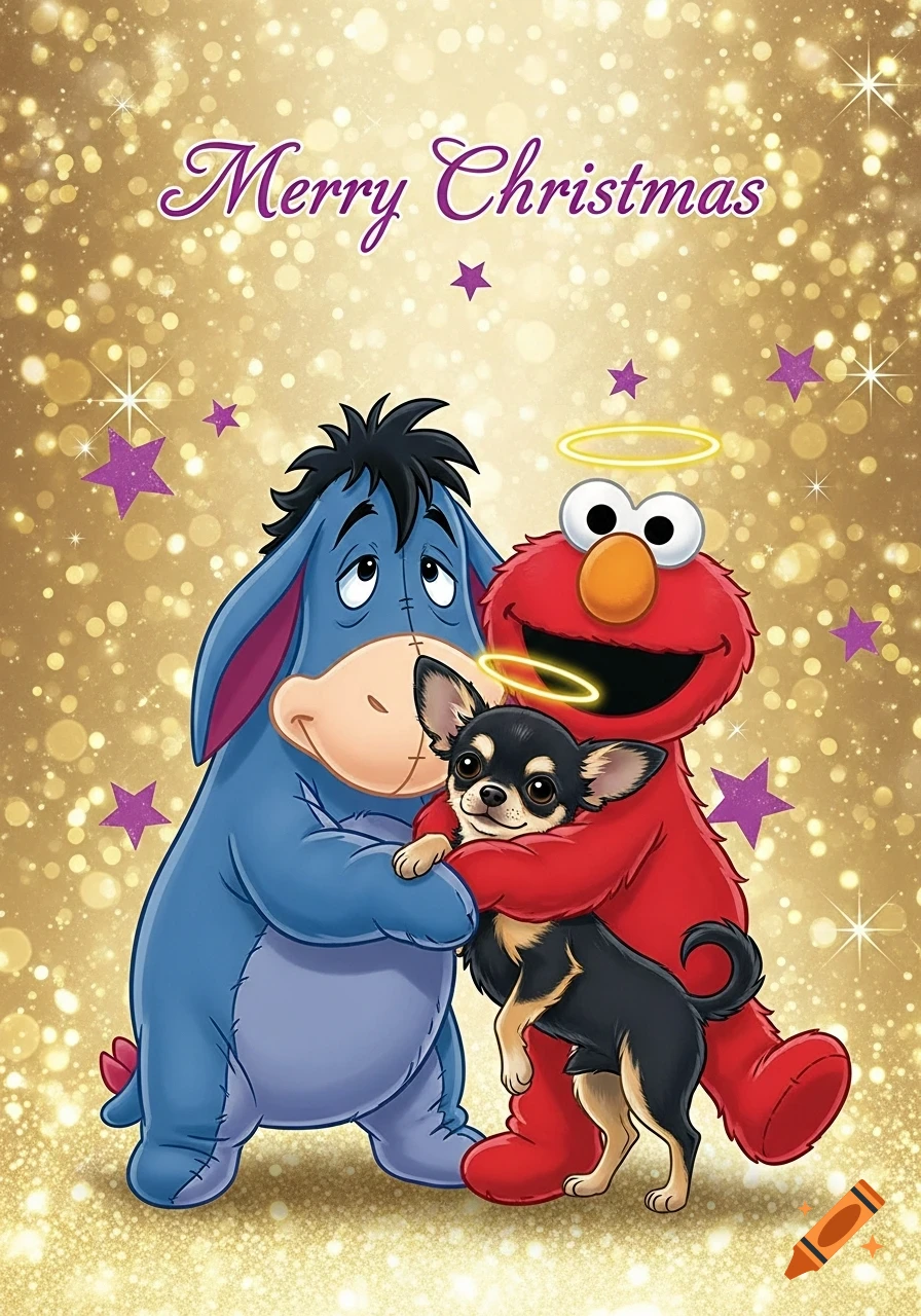 Cartoon Eeyore and Elmo hug a Chihuahua with a halo on a gold starry background, with 'Merry Christmas' text.