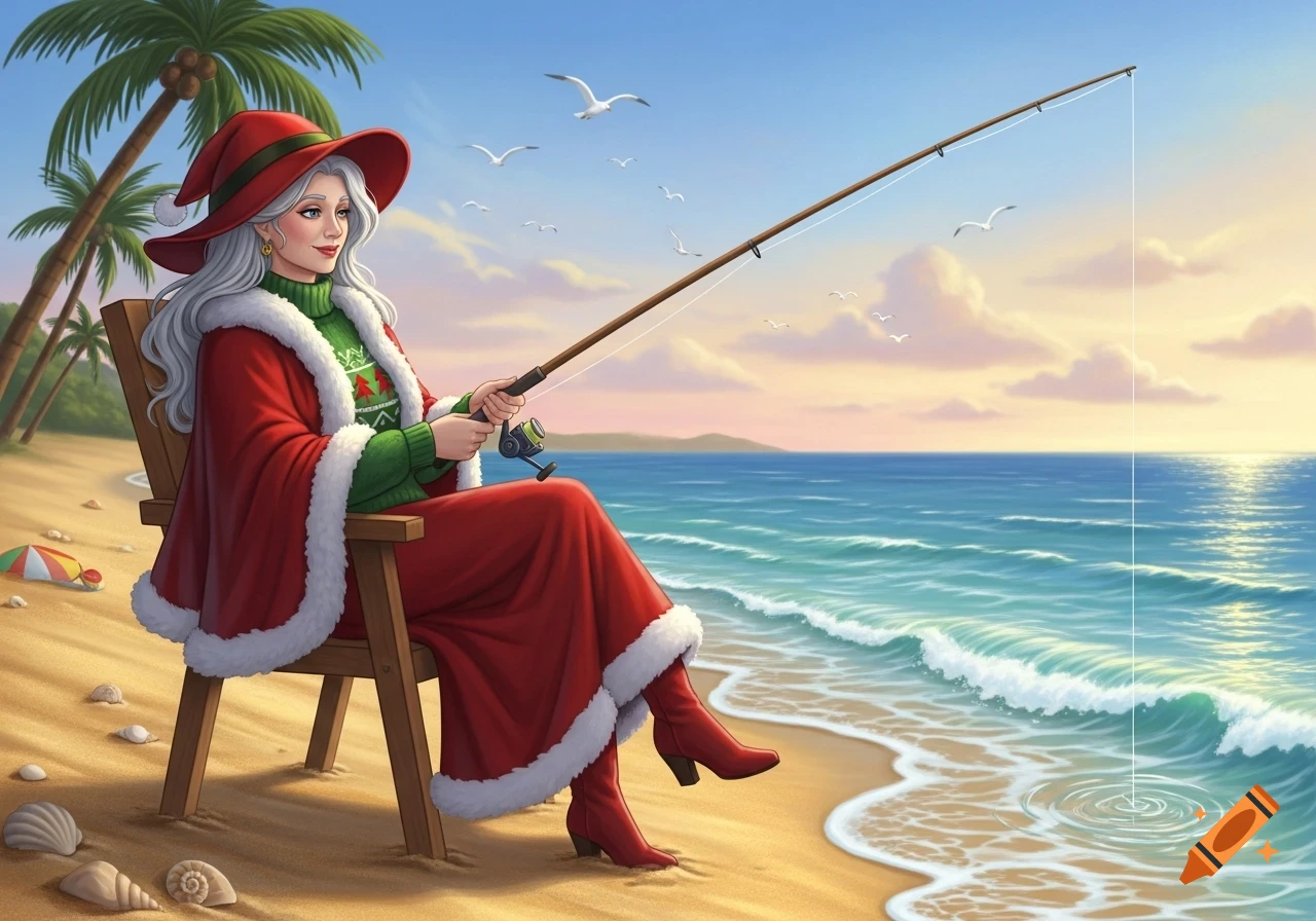 An illustration of Mrs. Claus in a red coat and hat, fishing from a beach chair at sunset with palm trees and seagulls.