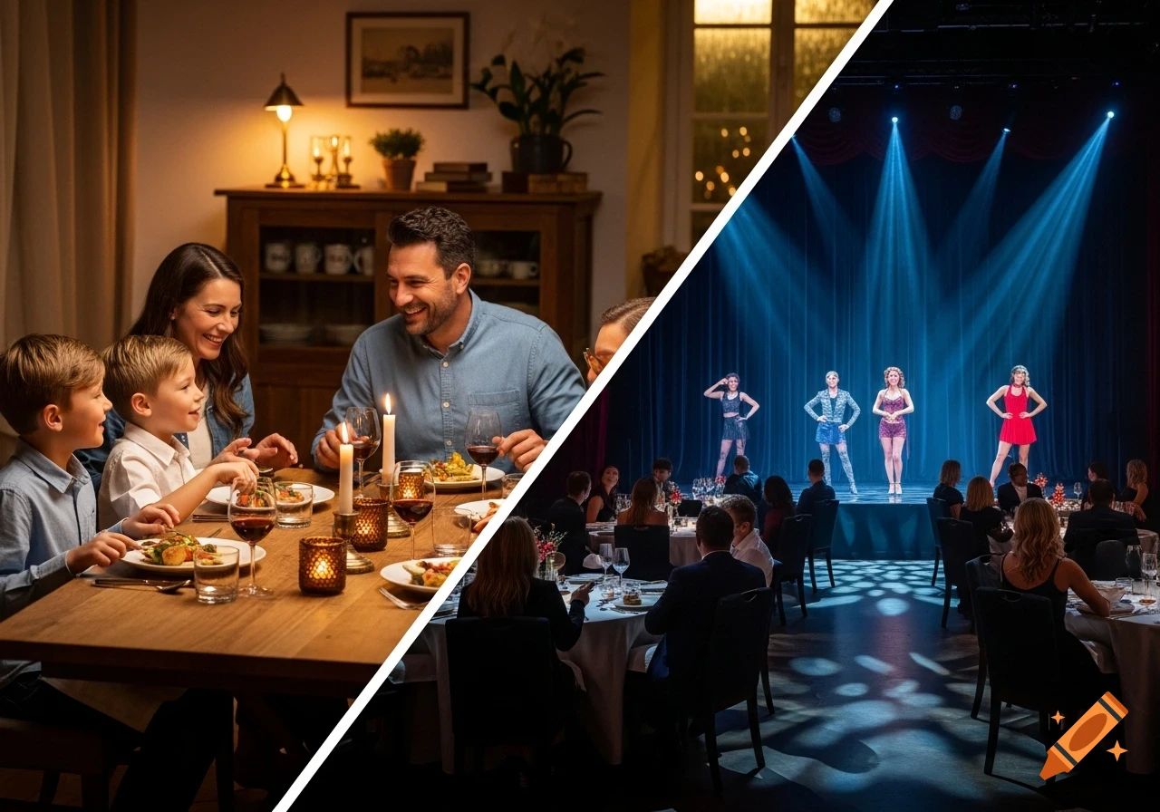 A split image showing a family dinner on one side and a dinner show with performers on stage on the other.
