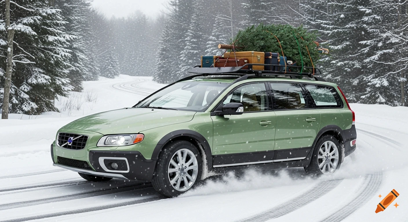 A light green Volvo XC70 wagon with a Christmas tree and suitcases on its roof rack drives on a snowy, winding road.