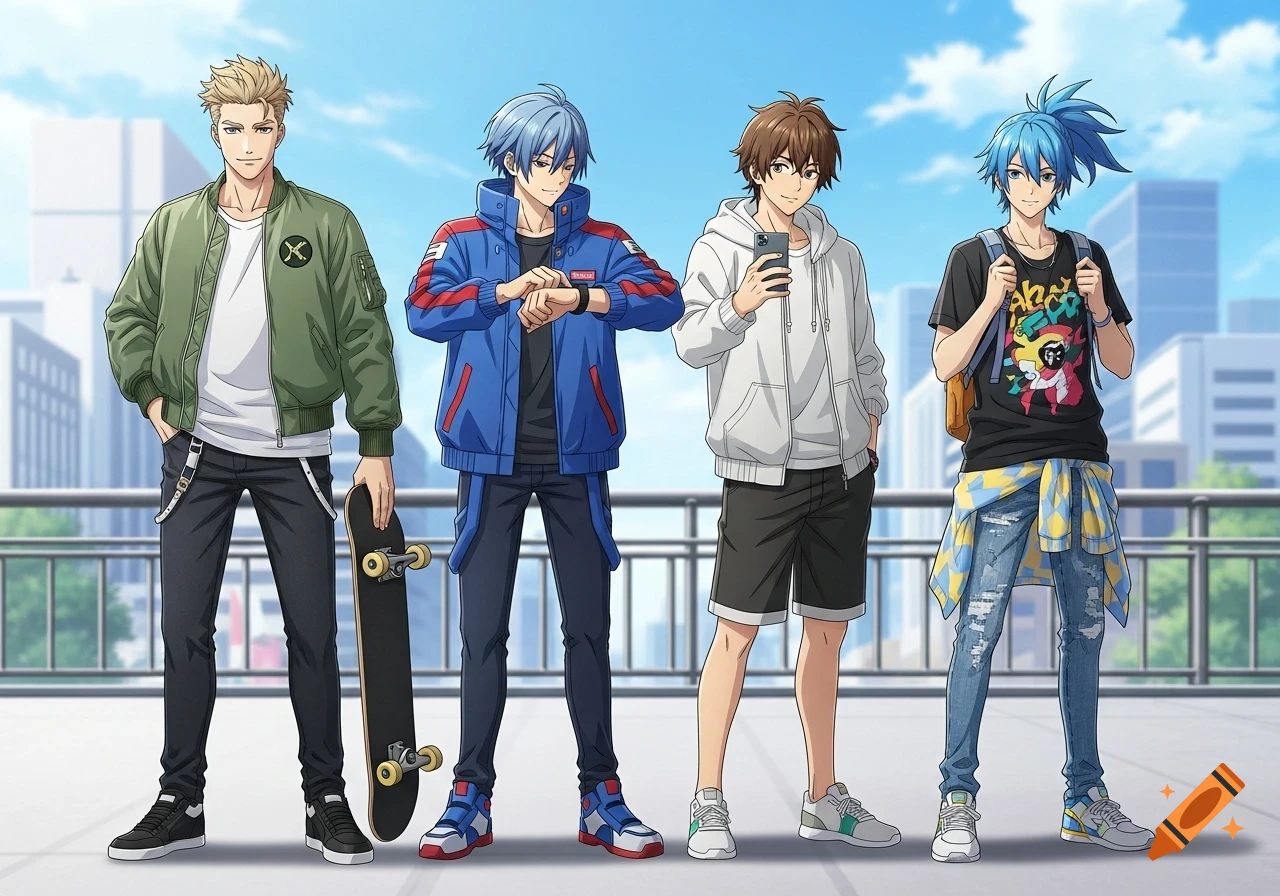 Four anime male characters in casual streetwear posing against a bright cityscape background, holding a skateboard, checking a smartwatch, taking a selfie, and carrying a backpack.