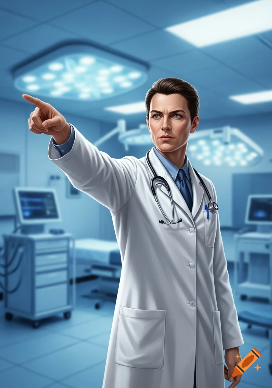 A determined male doctor in a white lab coat and stethoscope points forward, standing in a sterile hospital operating room.