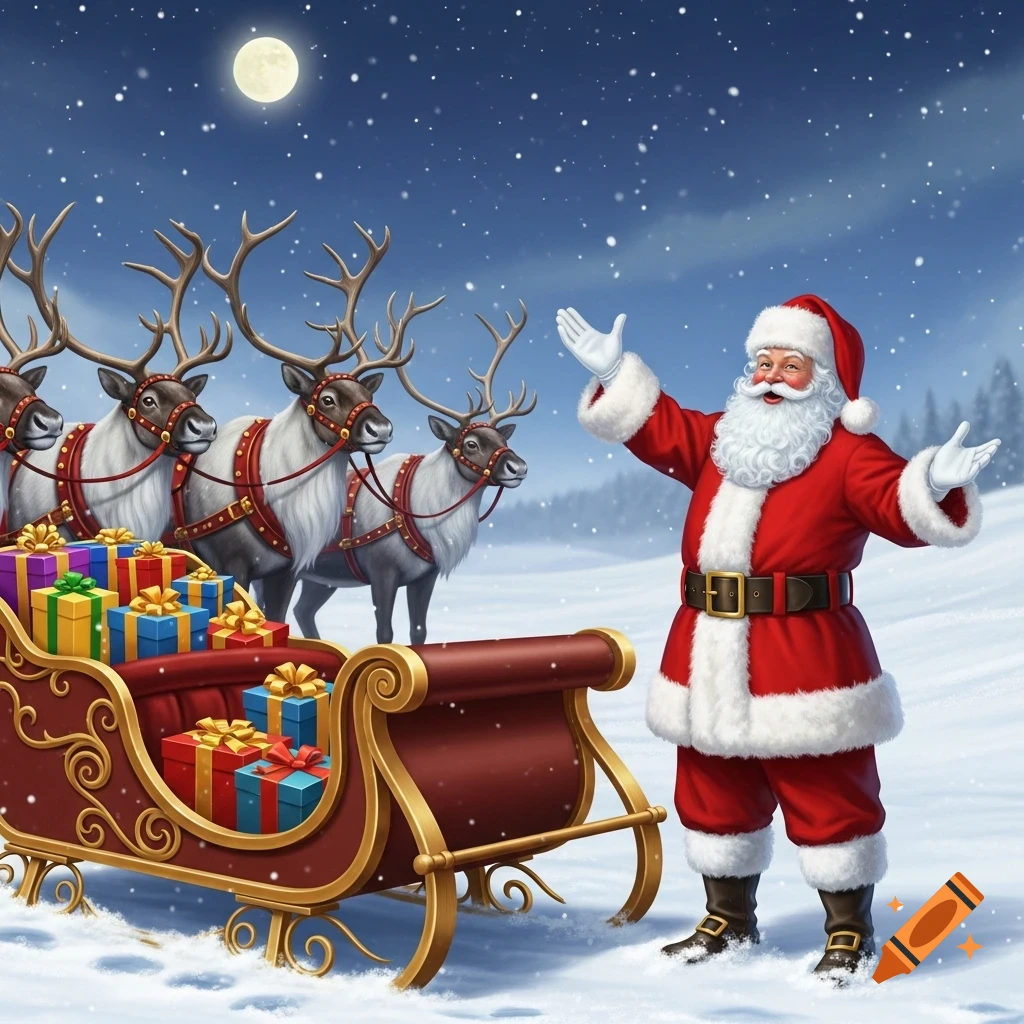 Santa Claus stands in a snowy landscape with his sleigh full of ...