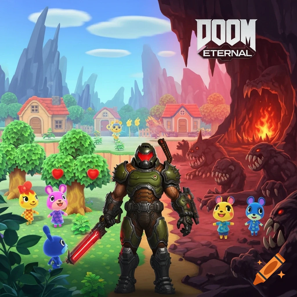 A stylized split image depicting the peaceful Animal Crossing world on the left with villagers and houses, and the fiery Doom Eternal world on the right with the Doom Slayer and demons.