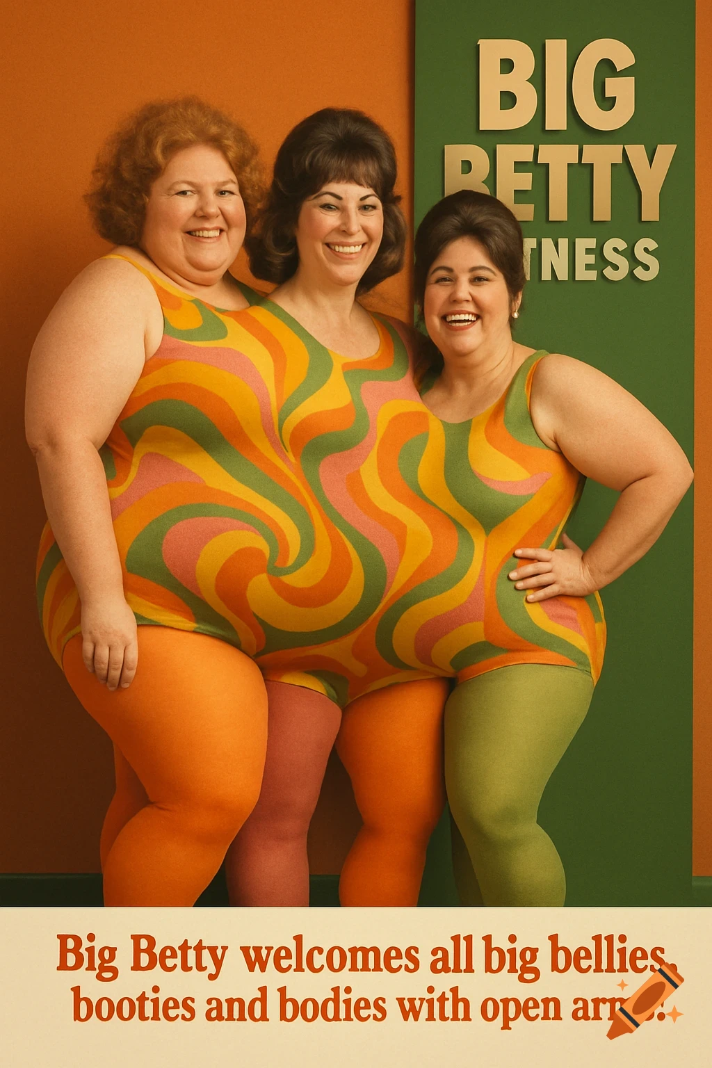 A retro ad shows three smiling, plus-size women in colorful, swirly patterned leotards and footed tights. Text: "BIG BETTY FITNESS" and a welcoming slogan.