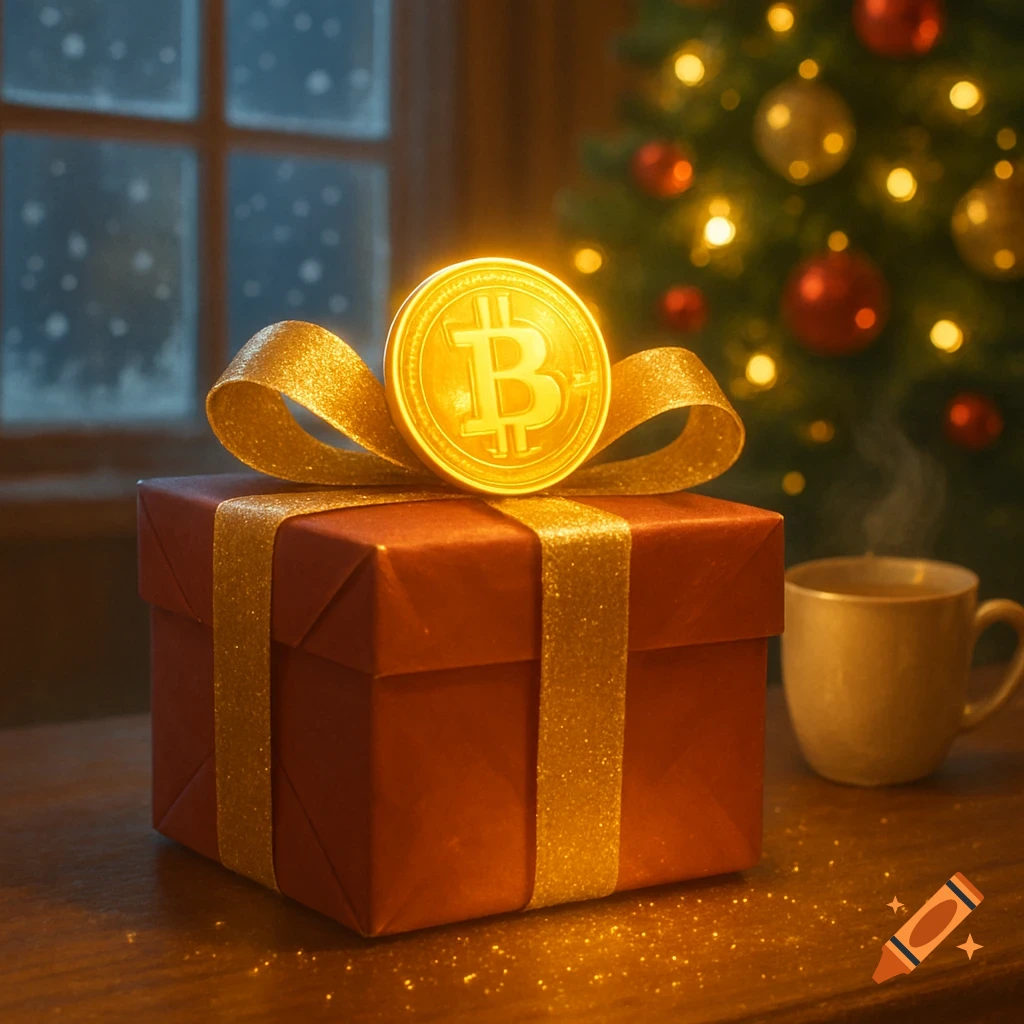 A red Christmas gift box with a gold ribbon, topped by a glowing Bitcoin coin, sits on a table with a snowy window and decorated Christmas tree in the background.