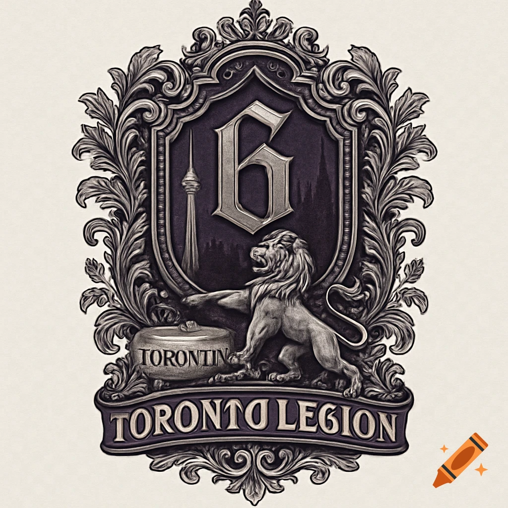 Victorian-themed purple and silver logo for 'Toronto Legion' featuring a lion, a large '6', the CN Tower, and ornate scrollwork.