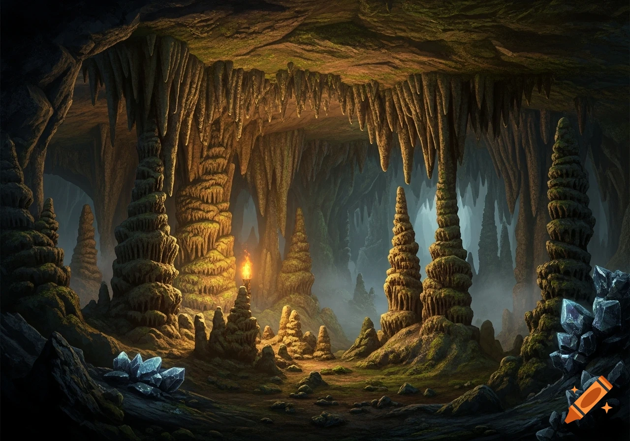 A mystical cave interior with towering stalagmites, intricate stalactites, glowing crystals, and a fiery torch.