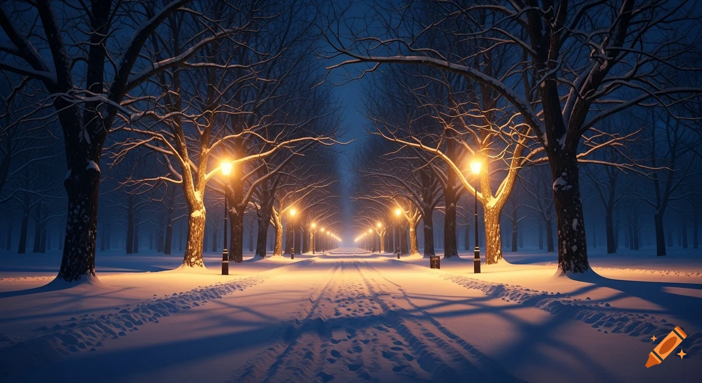 A long, snow-covered tree-lined avenue at night, illuminated by warm golden streetlights casting long shadows.