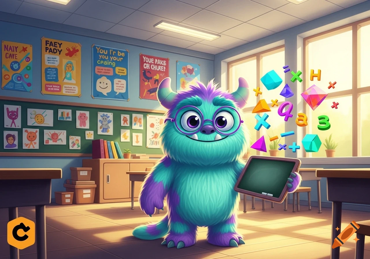 A cute blue and purple monster wearing glasses holds a blackboard in a classroom with floating math symbols.