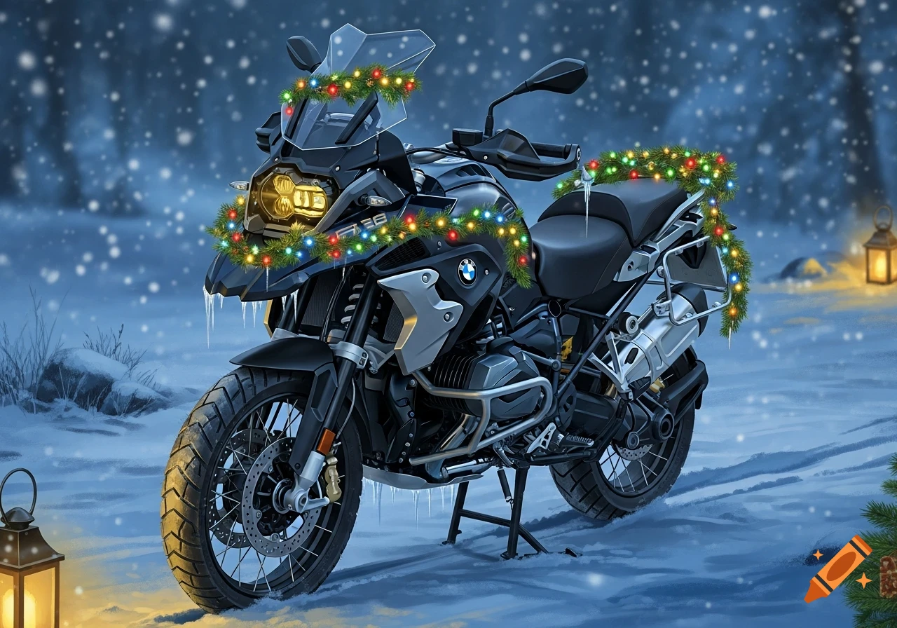 A black BMW R1250GS motorcycle decorated with colorful Christmas lights and green garlands, parked in a snowy winter wonderland scene with falling snow and glowing lanterns.