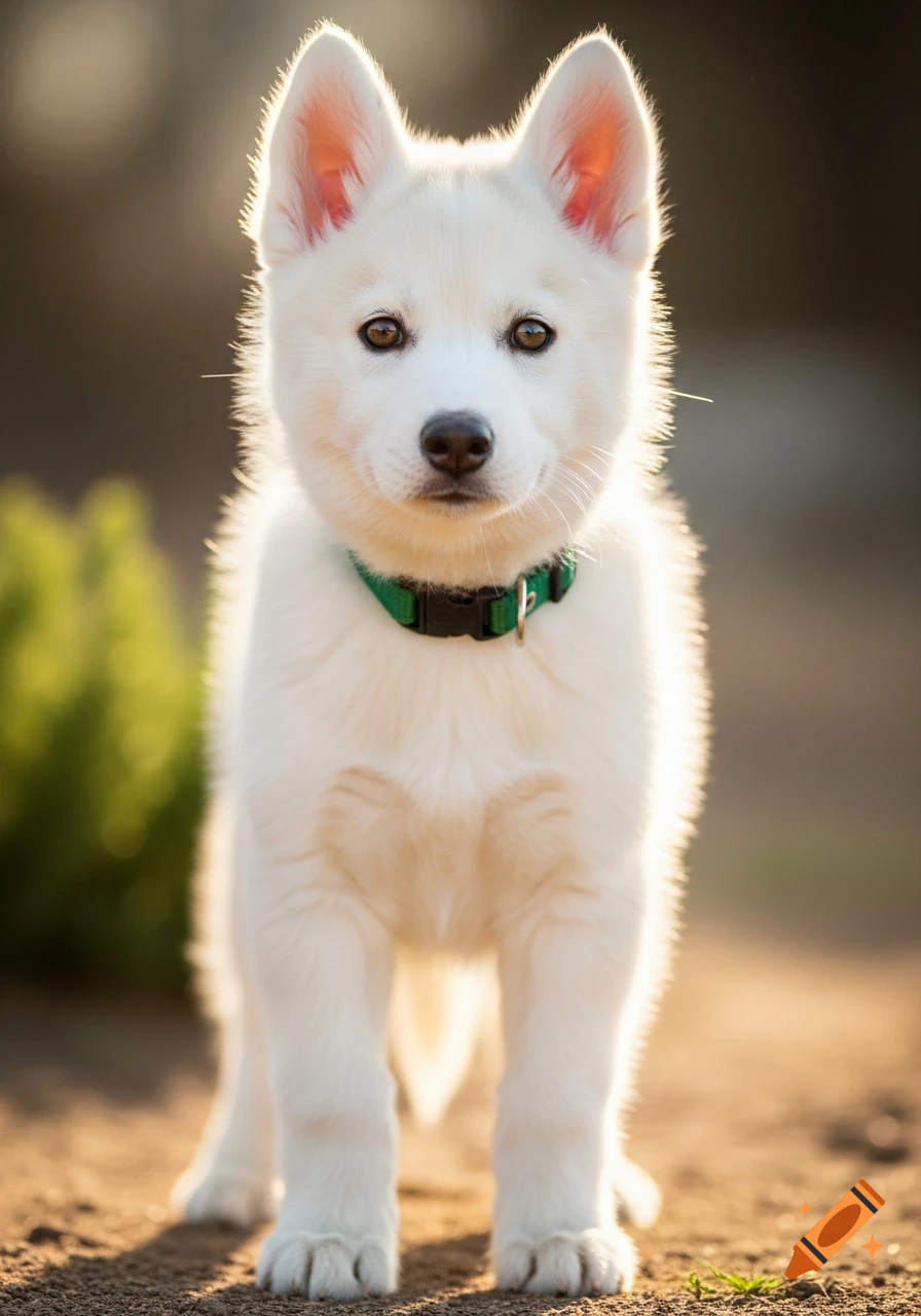 An adorable white husky puppy with amber eyes and a dark green collar stands outdoors, backlit by sunlight.