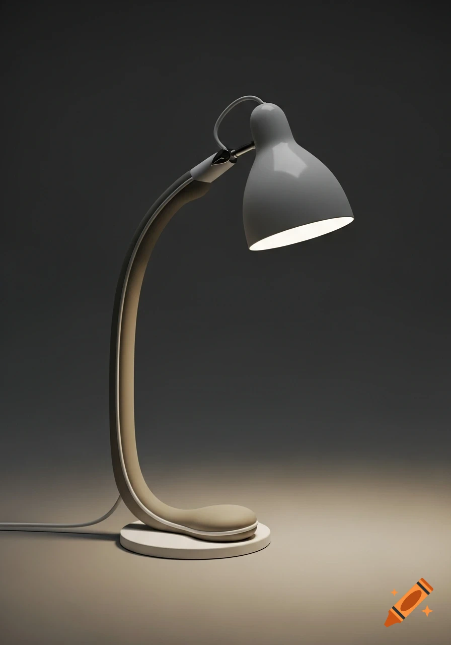 Modern white and beige curved desk lamp with a glowing light against a dark background.