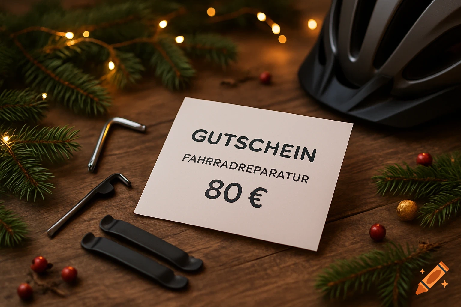 Photorealistic image of a bicycle repair gift voucher on a wooden table, surrounded by bike tools, a helmet, and Christmas decorations.