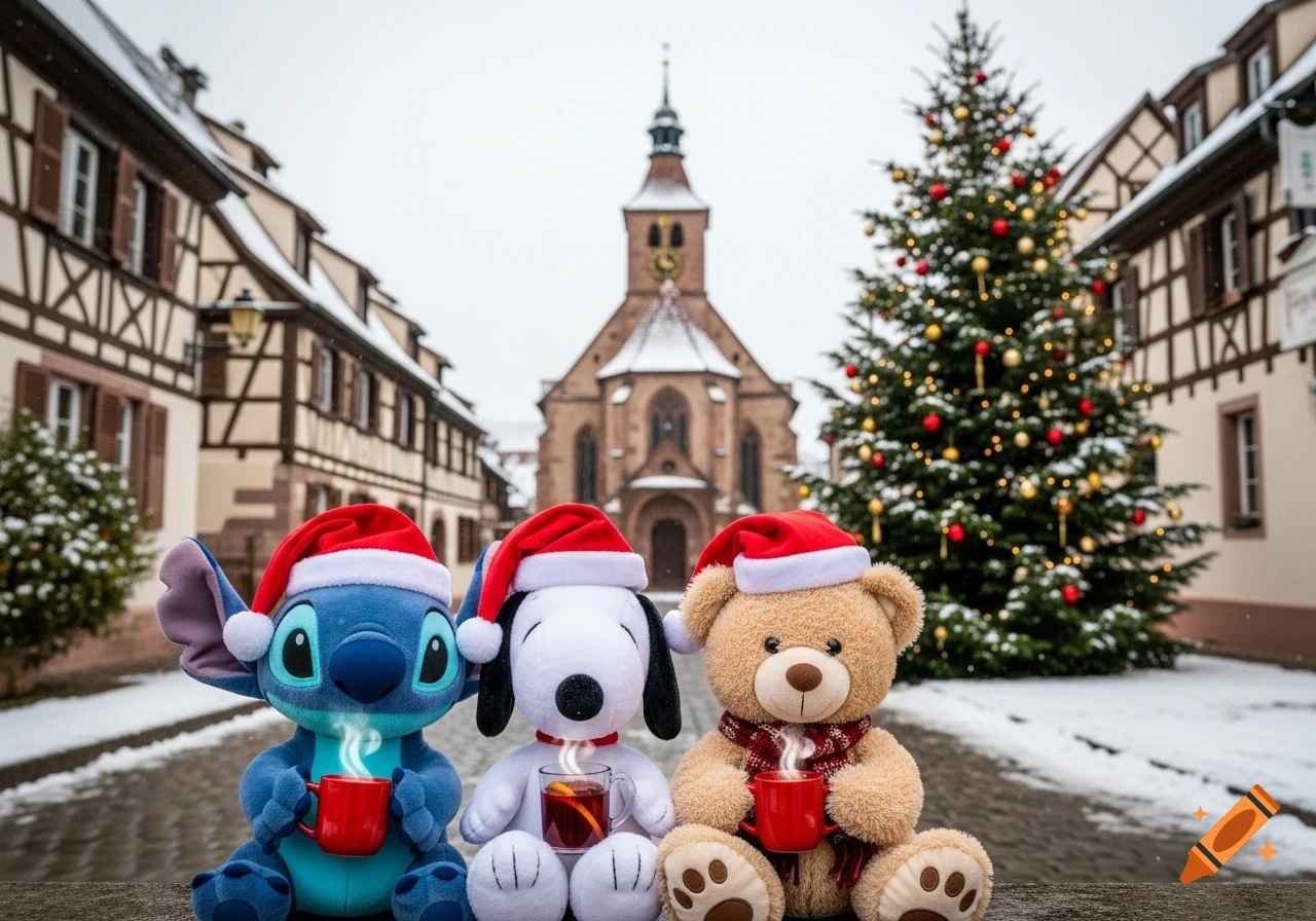 Stitch, Snoopy, and a teddy bear in Santa hats hold hot drinks in a snowy Alsatian village with a church and Christmas tree.